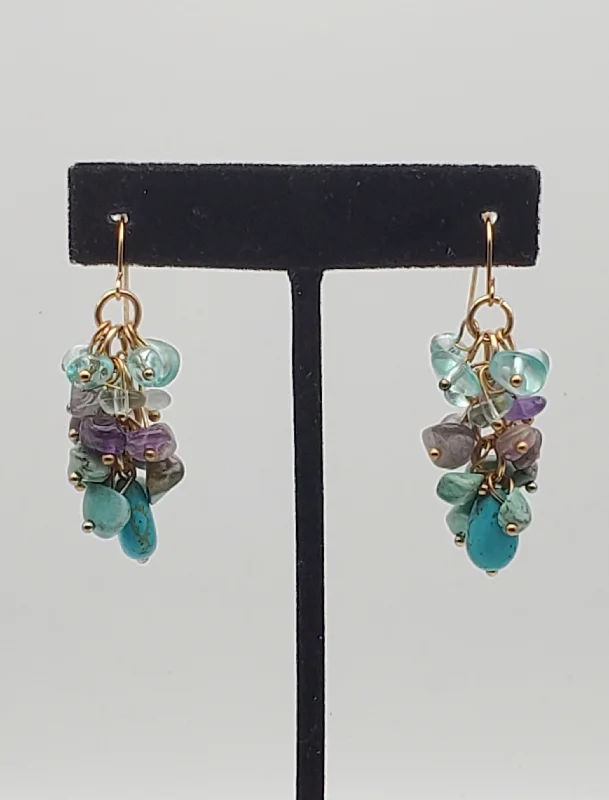 Ladies glowing warmth earrings -Vintage Amethyst and Turquoise Nugget Bead Gold Tone Dangle Earrings