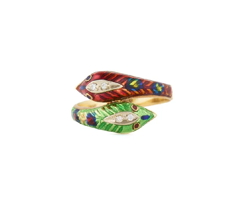 Ladies Rings with Feather Shine-Vintage Enamel and 0.10ctw Diamond Crossover Snake Ring in 18K