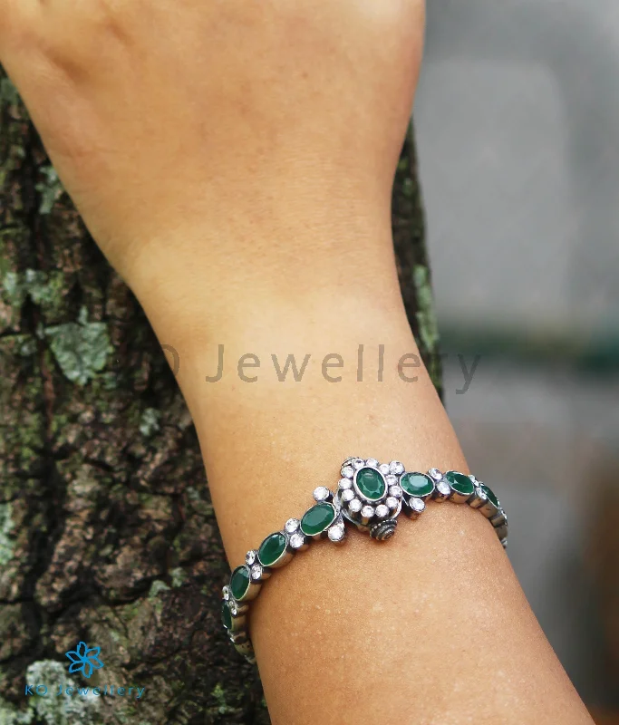 Ladies Bracelets with Cyan Kyanite-The Harini Silver Kemp Bracelet (Green/Oxidised/Size 2.2/2.4/2.6/2.8)