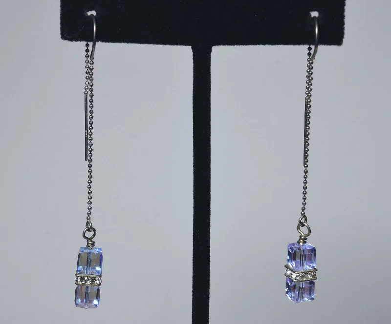 Ladies evening radiance earrings -Iridescent Dangling Glass Cubes Sterling Silver Threader Earrings