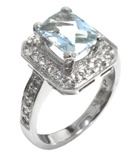 Ladies Rings with Pale Prehnite-14K White Gold Emerald Cut Aquamarine and Round Diamond Ring HB20428AQW