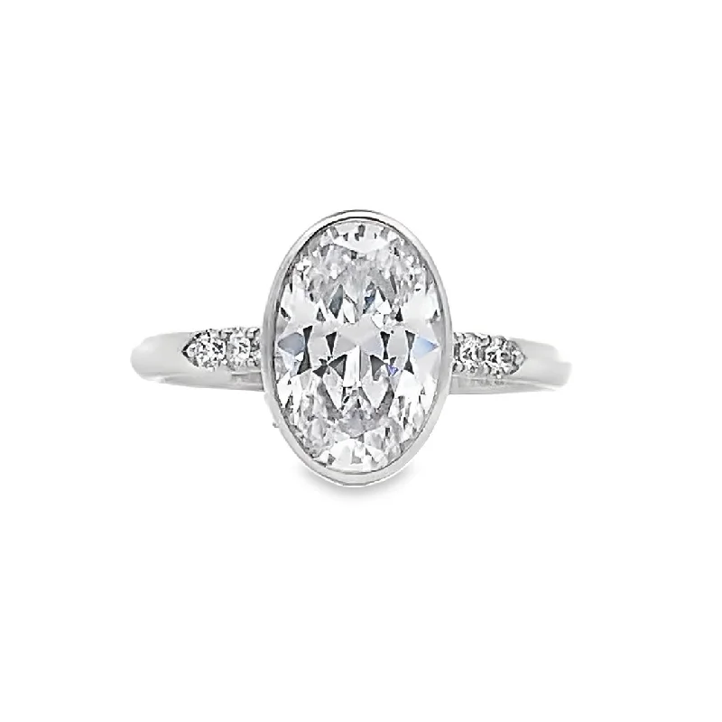 Ladies Milgrain Charm Engagement Rings -Oval Diamond Side Stone Engagement Ring in White Gold by Fana