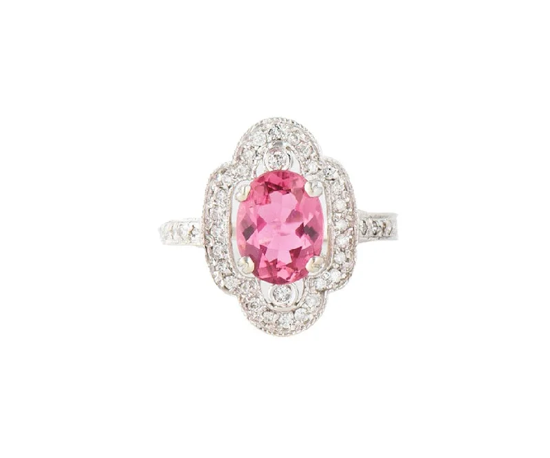 Ladies Rings with Pink Rhodonite-2.08ct Oval Tourmaline and 0.30ctw Diamond Frame Art Deco Ring in 14K