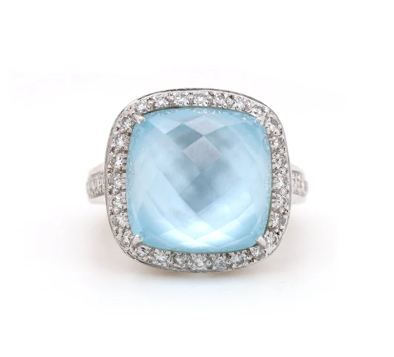 Ladies Rings Wide Shine-Blue Mother of Pearl Quartz and 0.85ctw Diamond Frame Ring in 14K