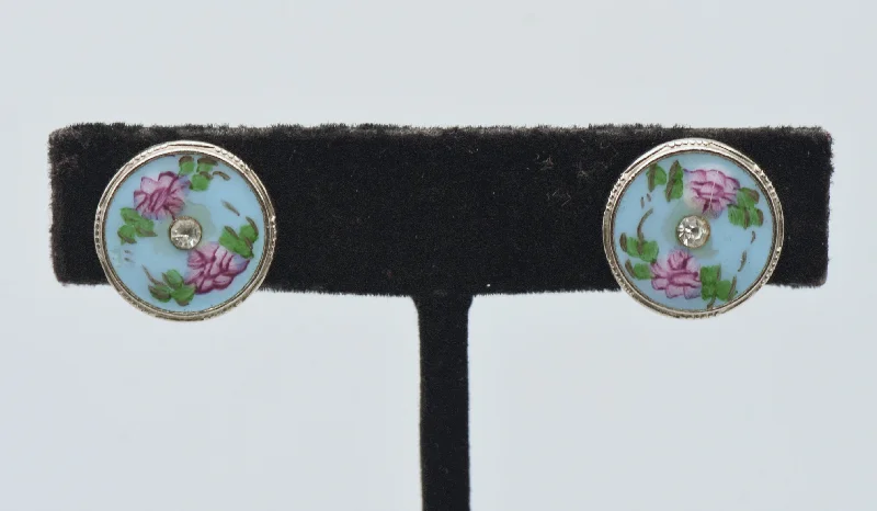 Ladies ethereal moonstone earrings -Vintage Enamel Floral Rhinestone Screw Back Earrings