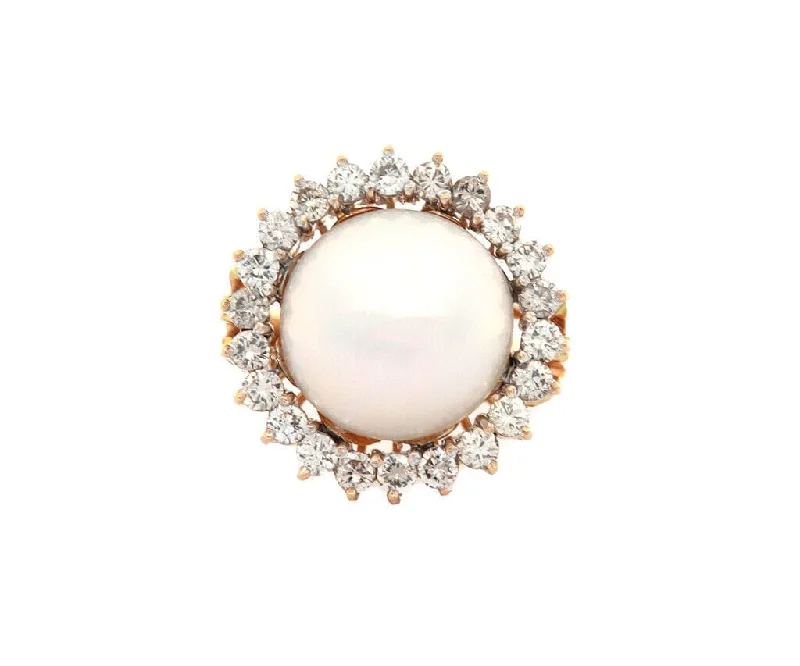 Ladies Rings with Coral Kornerupine-Mabe Pearl and 0.85ctw Diamond Halo Ring in 18K