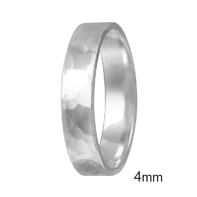 Ladies Jet Black Engagement Rings -High Polished 925 Sterling SilverHand Hammered Wedding Band Flat Ring - RING03-4MM