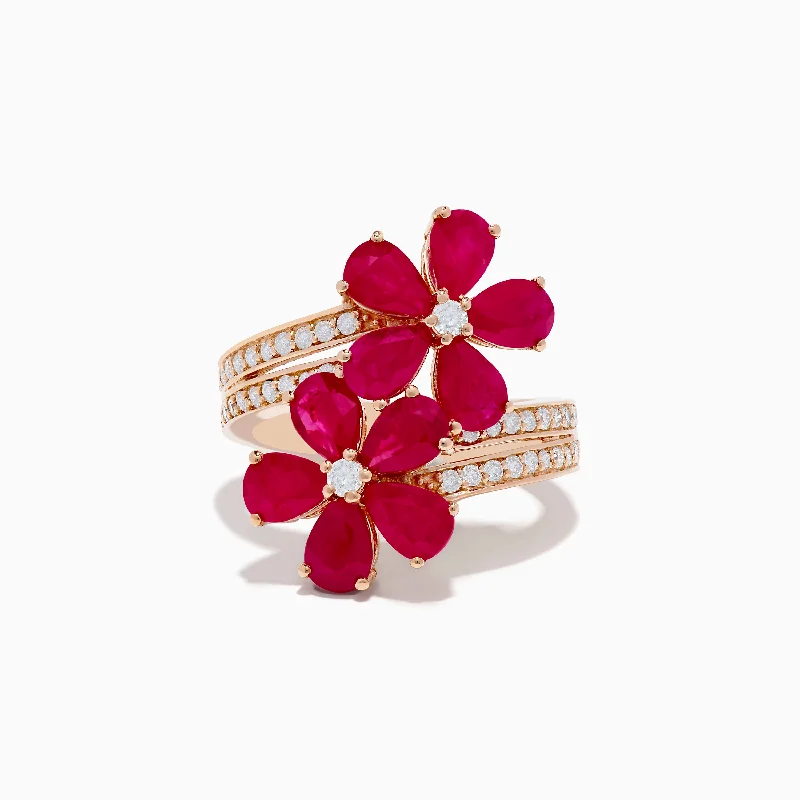 Ladies Rings with Coral Kornerupine-Ruby Royale 14K Rose Gold Ruby and Diamond Floral Ring