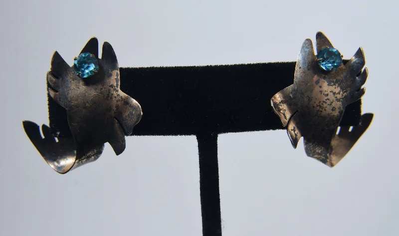 Ladies rustic leather earrings -Handmade Vintage Sterling Silver Fish Screw Back Earrings