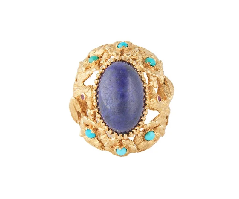 Ladies Rings with Sky Topaz-Oval Lapis Turquoise and Ruby Bird and Forest Design Cocktail Ring in 18K