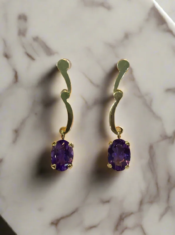 Ladies polished ceramic earrings -Amethyst oval faceted cutaneous 18k gold earrings, one of a kind, Fine earrings, Handmade earrings, Greek Jewelry