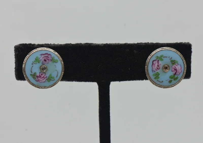 Ladies blooming floral earrings -Vintage Enamel Floral Rhinestone Screw Back Earrings - AS IS