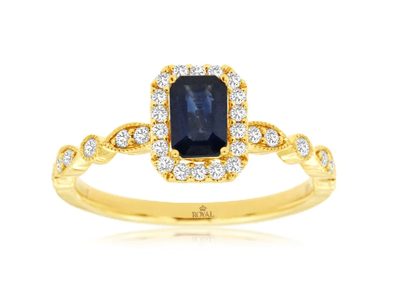 Ladies Rings for Daily Shine-14K Yellow Gold Emerald Cut Sapphire Diamond Halo ring