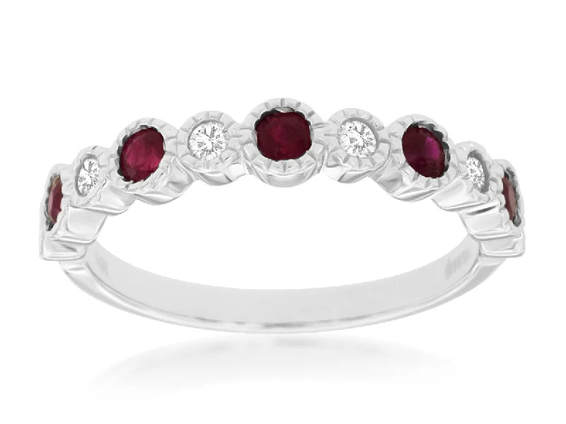 Ladies Rings with Olive Peridot-White Gold Ruby & Diamond Bezel Set Ring