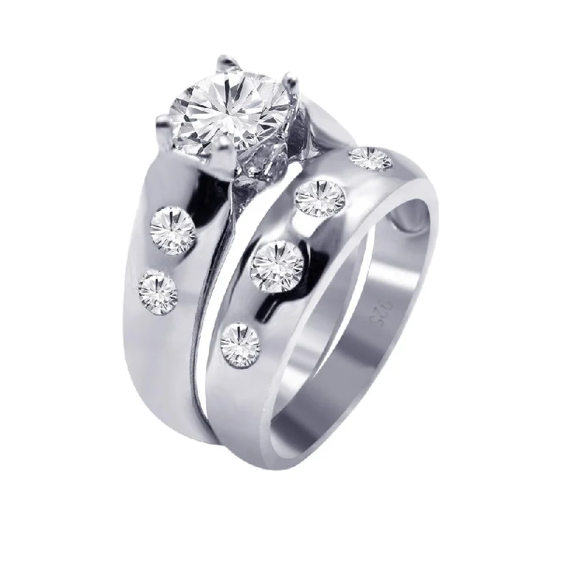 Ladies Polished Platinum Engagement Rings -Silver 925 Rhodium Plated Round Clear CZ Engagement Ring Set - AAR0077