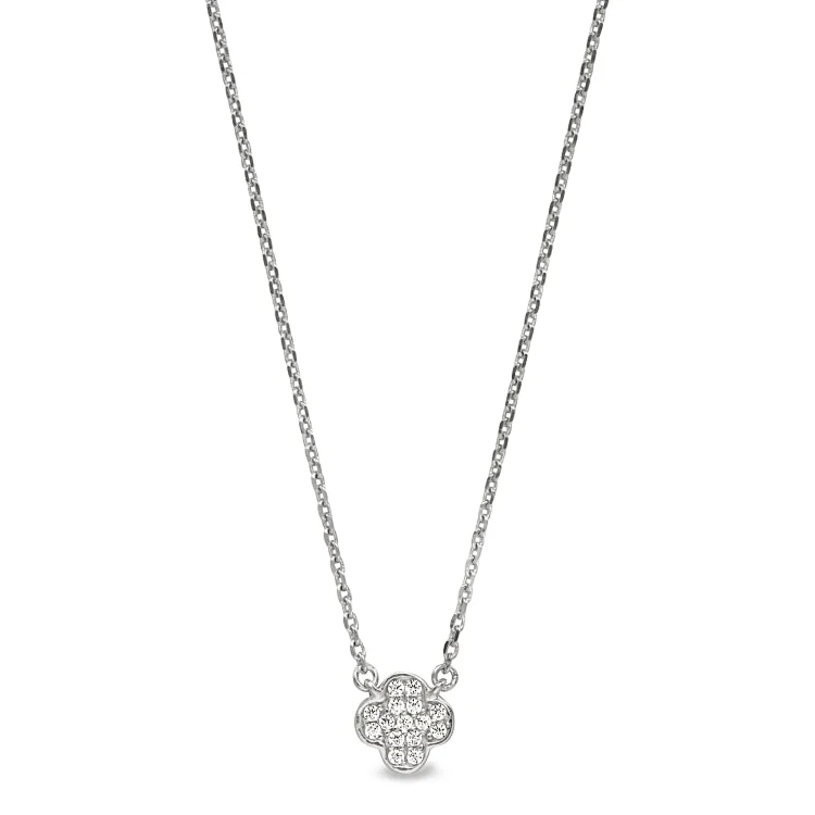 Ladies Necklaces with Round Spark-Platinum Finish Sterling Silver Micropave Small Clover Shape Necklace with Simulated Diamonds on 16"-18" Adjustable Chain