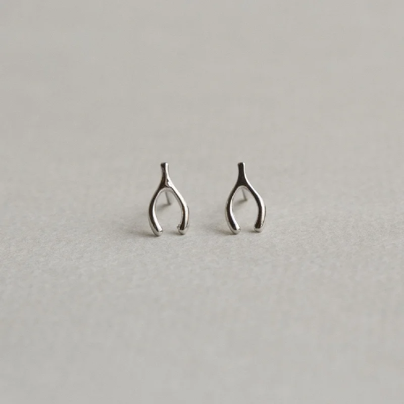 Ladies golden fall earrings -Silver Wishbone Stud Earrings