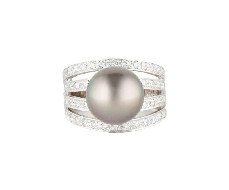 Ladies Rings with Diamond Spark-12.0MM Gray South Sea Pearl and 0.50ctw Diamond Multi Row Ring in 18K