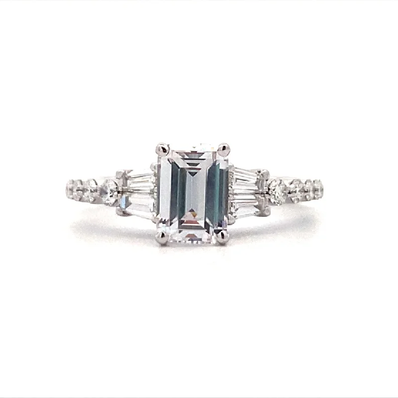 Ladies Petal Accent Engagement Rings -Emerald Cut Diamond Side Stone Engagement Ring in White Gold by Simon G