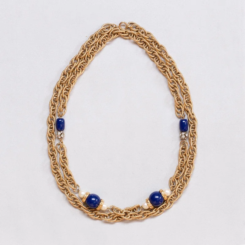 Ladies Necklaces for Festive Spark-Vintage Givenchy Long Gold Chain Necklace with Faux Pearls and Blue Beads