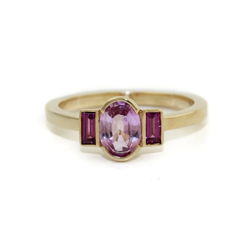 Ladies Even Line Engagement Rings -14k Gold x Pink Sapphire & Grape Garnet Engagement