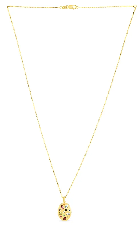 Ladies Necklaces with Leaf Shine-14K Gold Gemstone Inlay Oval Necklace