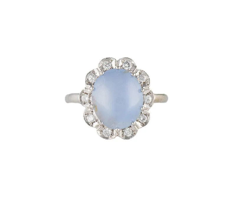 Ladies Rings with Cyan Richterite-Vintage Sapphire Cabochon and 0.20ctw Diamond Frame Milgrain Ring in 14K