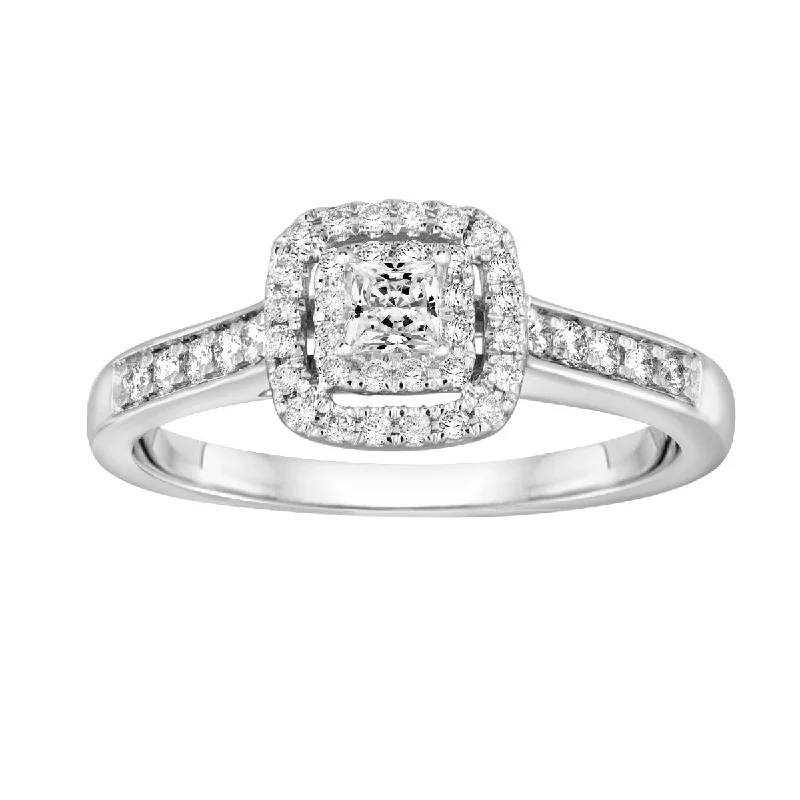 Ladies Rings Polished Spark-14K White gold  .16CT Princess Shaped Diamond Halo Ring with 42 round 0.22cttw diamonds BLISS2-E-Size 6.5