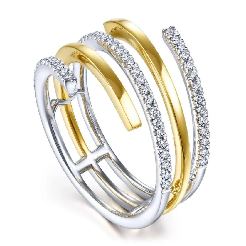 Ladies Rings with Wave Shine-Gabriel & Co. - LR51560M45JJ - 14K White-Yellow Gold Plain and Diamond Row Statement Ring