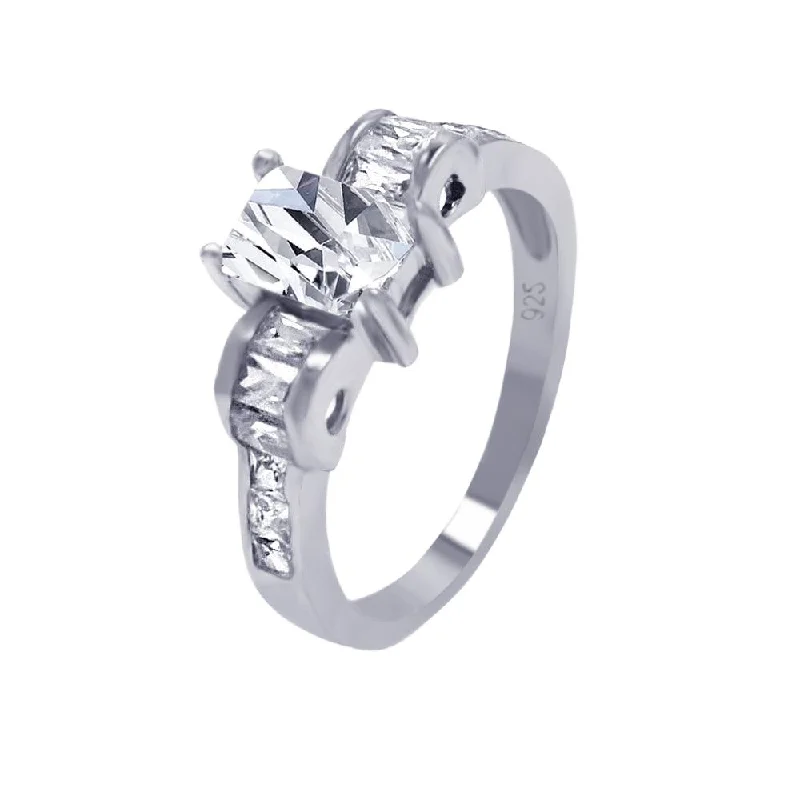 Ladies Cushion Glow Engagement Rings -Silver 925 Rhodium Plated Rectangular Center Clear CZ Engagement Ring - AAR0005