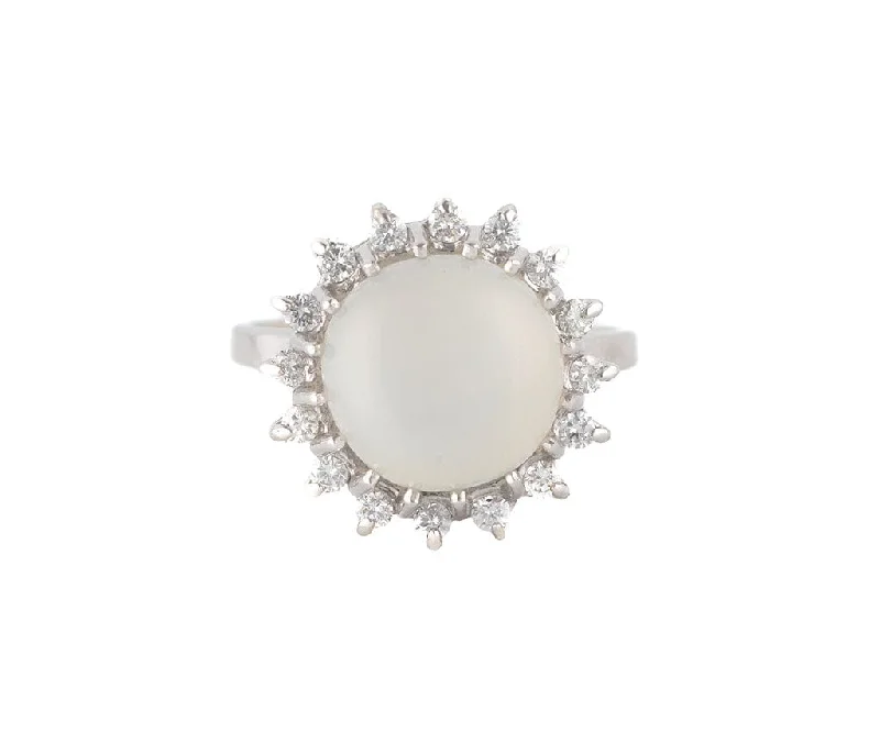 Ladies Rings with Celestial Stone-Moonstone and 0.35ctw Diamond Starburst Halo Ring in 14K