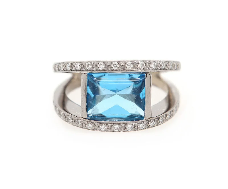 Ladies Rings for Date Shine-0.25ctw Diamond and Blue Topaz Bezel Set Ring in 14K