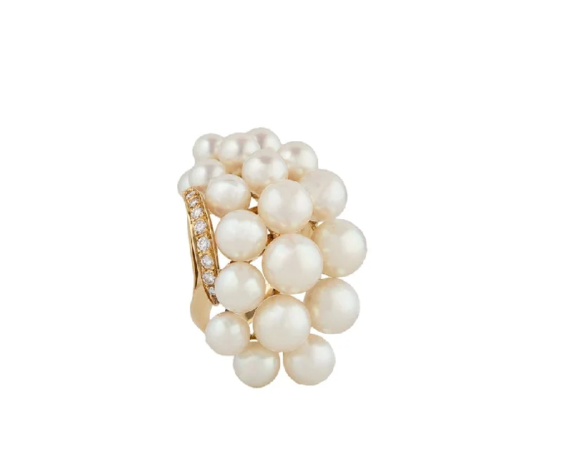 Ladies Rings with Crown Shine-Mikimoto Pearl and 0.15ctw Diamond Cluster Statement Ring 18K W/Box and Papers