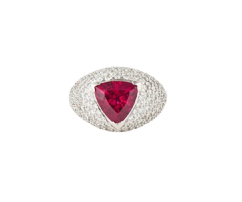 Ladies Rings for Mentor Glow-3.34ct Trillion Cut Pink Tourmaline and 3.50ctw Pave Diamond Dome Ring in 18K