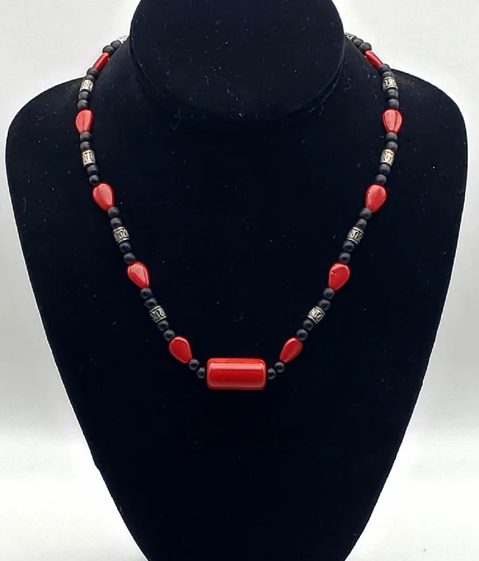 Ladies Necklaces Slim Spark-Vintage Red Glass, Black Wood, and Silver Tone Metal Bead Necklace - 18.25"