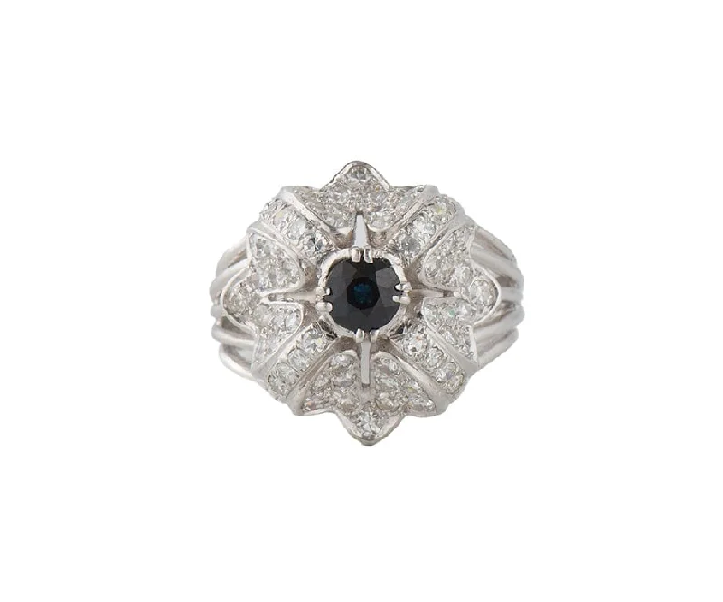 Ladies Rings with Cream Howlite-Vintage 0.45ct Sapphire and 0.75ctw Single Cut Diamond Frame Ring in 14K