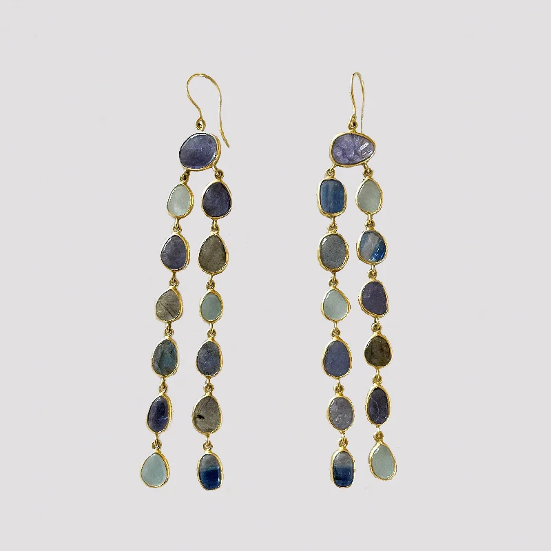 Ladies affordable chic earrings -Tanzanite, Aquamarine and Labradorite Long Drop Earrings