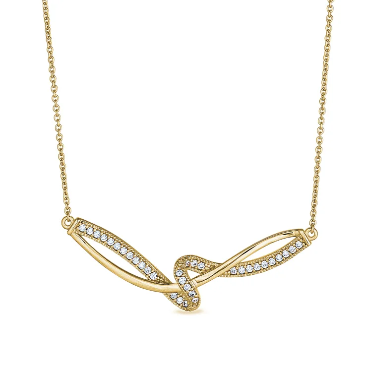 Ladies Necklaces with Red Pyroxmangite-Gold Finish Sterling Silver Micropave Ribbon Swirll Necklace with Simulated Diamonds on 16" - 18" Adjustable Chain