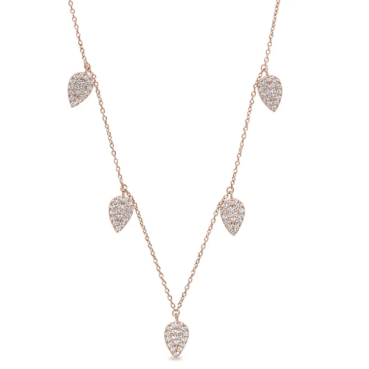 Ladies Necklaces Geometric Shine-Rose Gold Finish Sterling Silver Micropave 5 Floating Leaves Necklace with Simulated Diamonds on 16"-18" Adjustable Chain