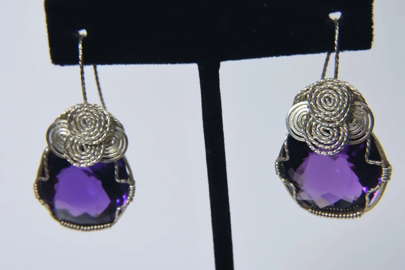 Ladies zodiac glow earrings -Wire Wrapped Large Amethyst Earrings