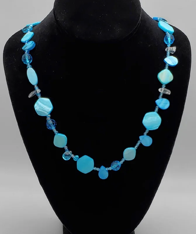 Ladies Necklaces with Striped Agate-Dyed Blue Mother-of-Pearl and Beaded Necklace - 30"