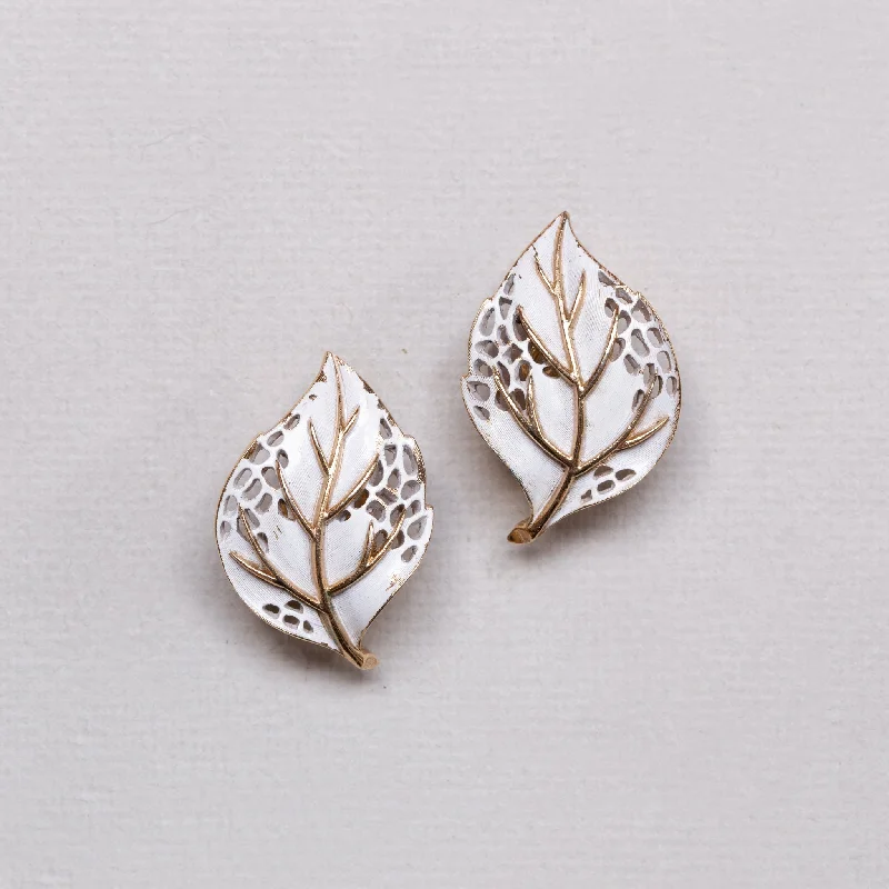 Ladies cascading drop earrings -Vintage Trifari Cut-out Leaf Clip-on Earrings