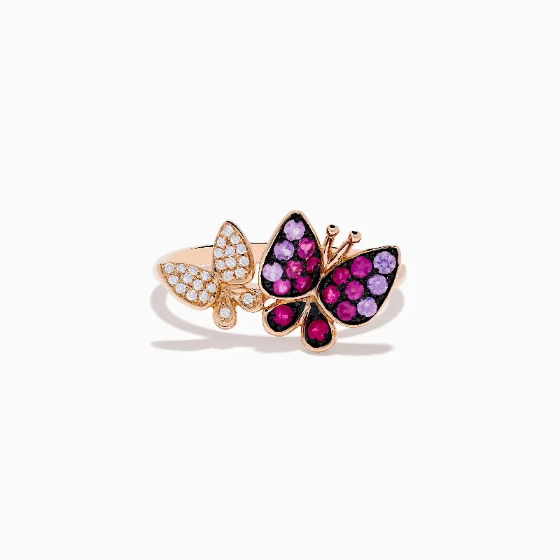 Ladies Rings Oval Shine-Nature 14K Rose Gold Pink Sapphire and Diamond Butterfly Ring