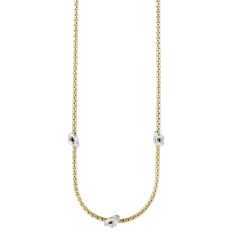 Ladies Necklaces with Clear Zircon-Gold Finish Sterling Silver Corean Cable Necklace with 3 Rhodium Finish Knots with Simulated Diamonds on the Center Knot