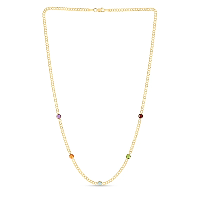 Ladies Necklaces with Green Clinozoisite-14K Multi Gemstone Curb Chain Necklace