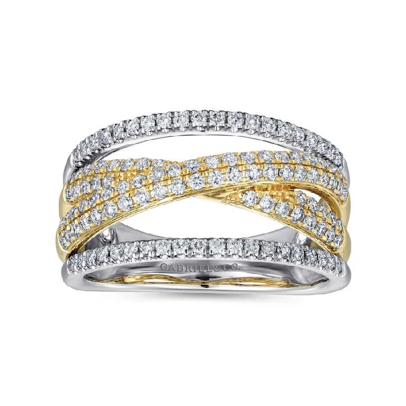 Ladies Rings Soft Spark-Gabriel & Co. - LR51337M45JJ - 14K Yellow and White Gold Criss Crossing Multi Row Diamond Ring