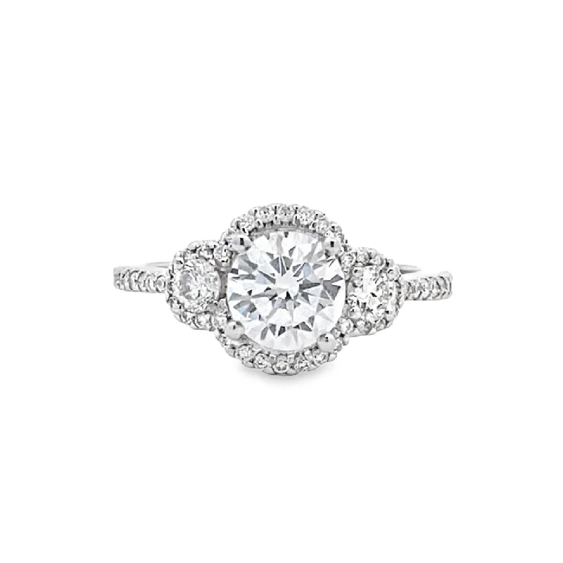 Ladies Memory Stone Engagement Rings -Round Diamond Halo Engagement Ring in White Gold