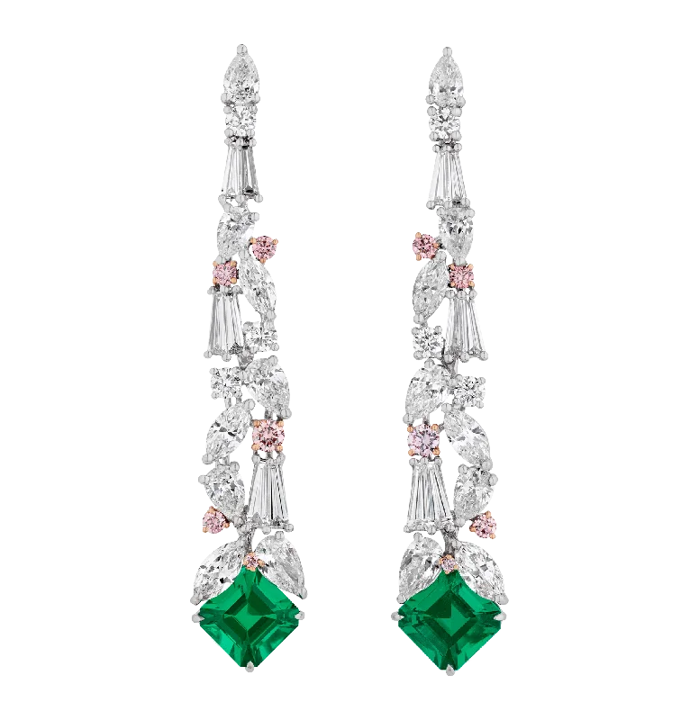 Ladies crisp geometric earrings -Muzo Emerald and Argyle Diamond "Ivy" Dangle Earrings