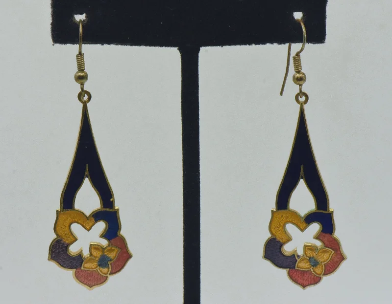 Ladies fiery topaz earrings -Vintage Enamel Floral Dangle Earrings