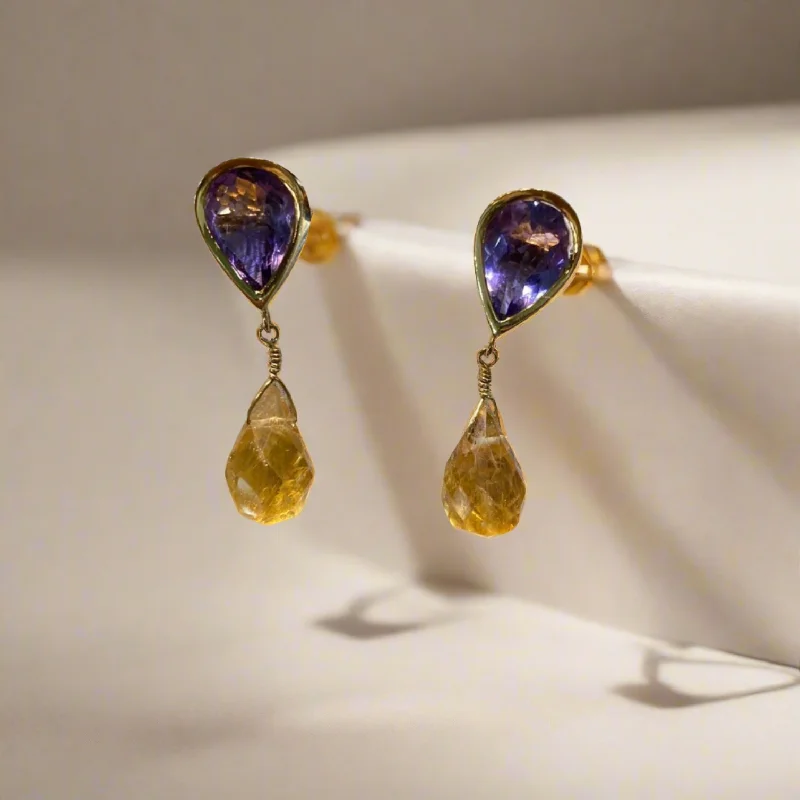 Ladies rich ruby earrings -Amethyst & Citrine 18k gold earrings, one of a kind, Fine earrings, Handmade earrings, Greek Jewelry